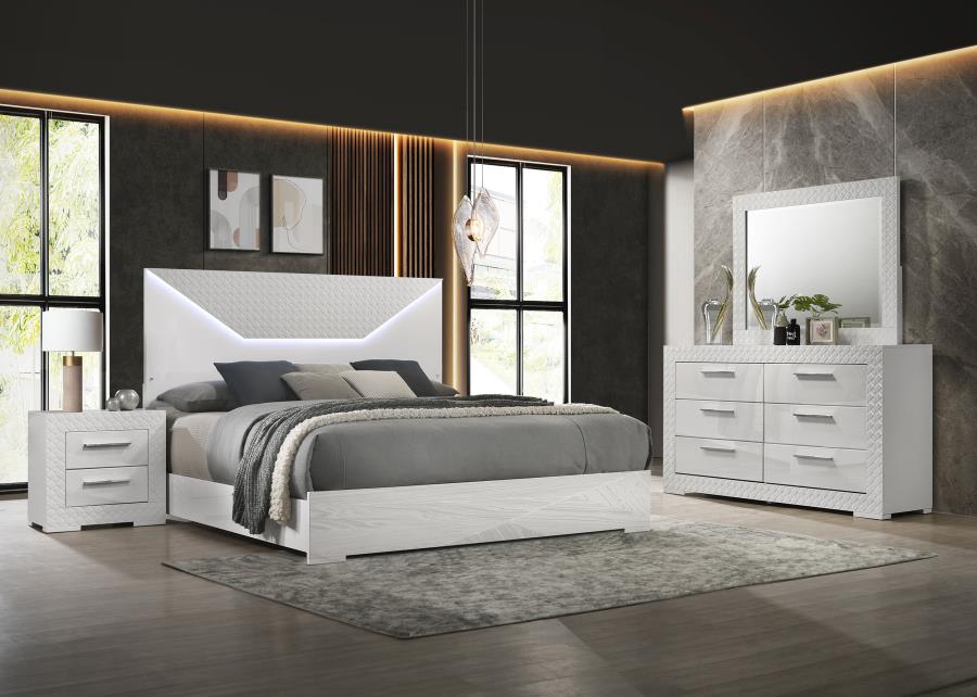 Ives 4-piece Queen or King Bedroom Set White High Gloss LED lights